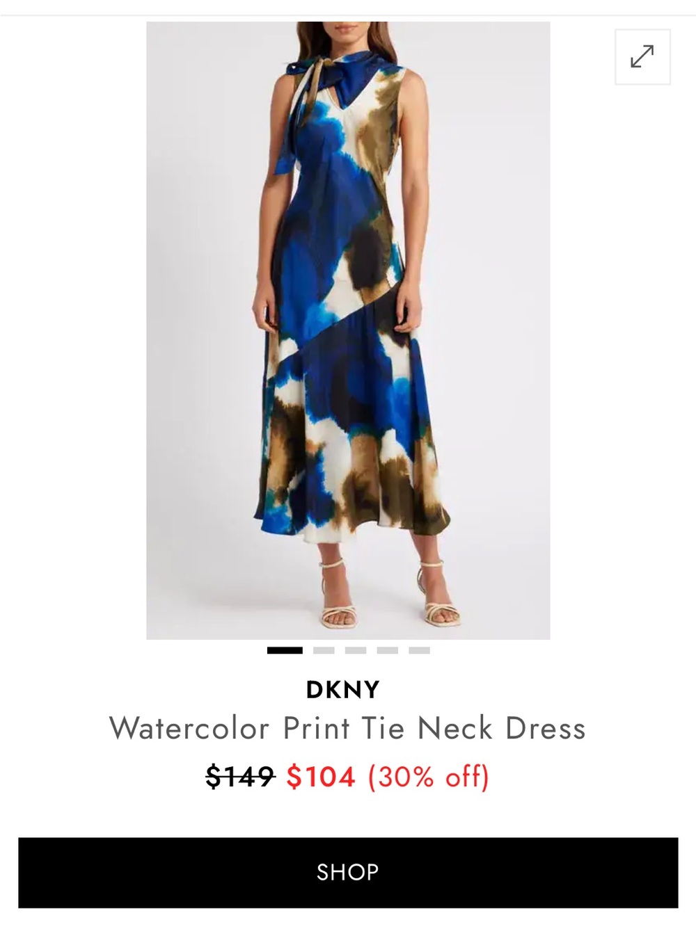 DKNY Blue, Cream and Brown Watercolor Tie-Neck Maxi Dress